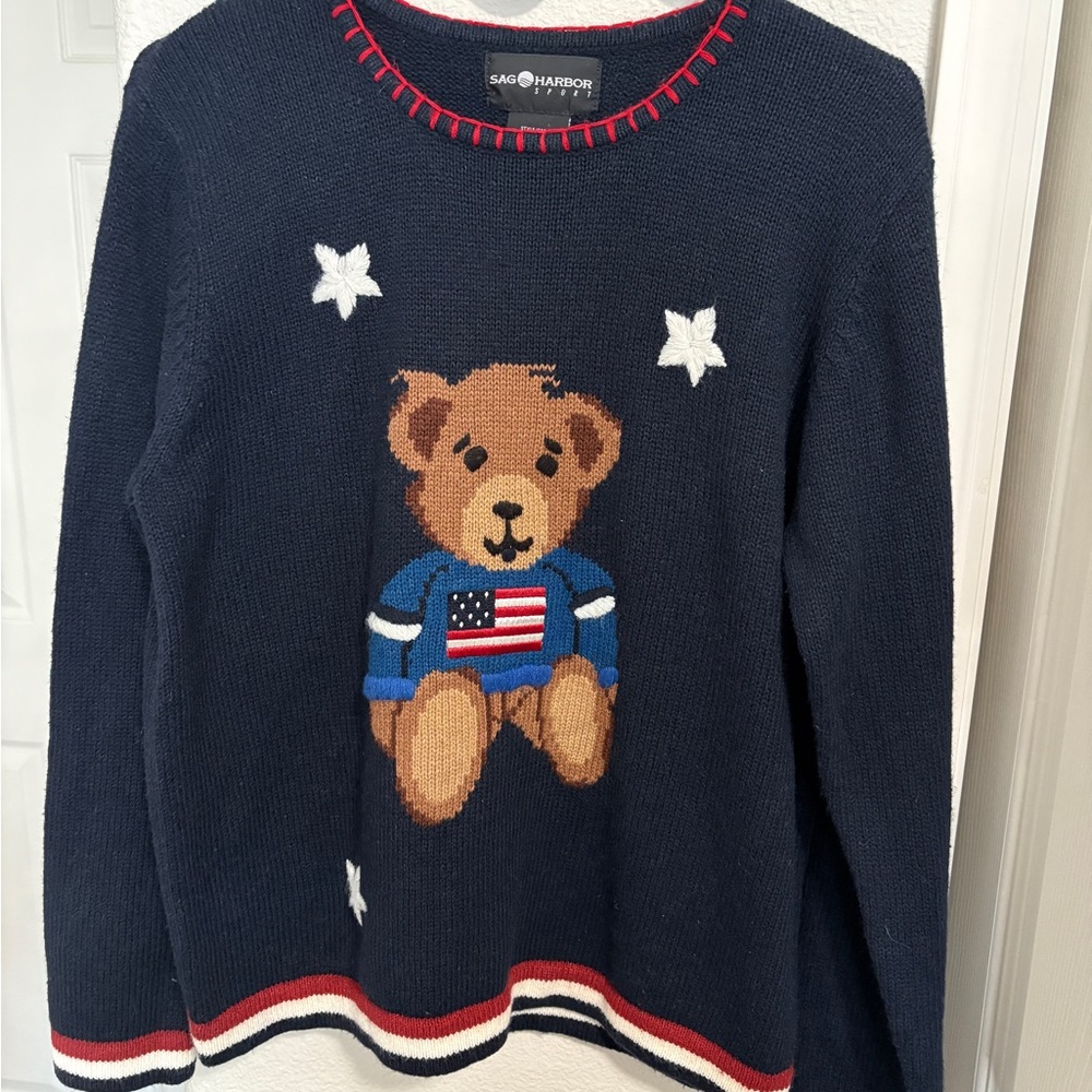 Vintage Sag Harbor Navy Sweater with Bear and Flag Patriotic